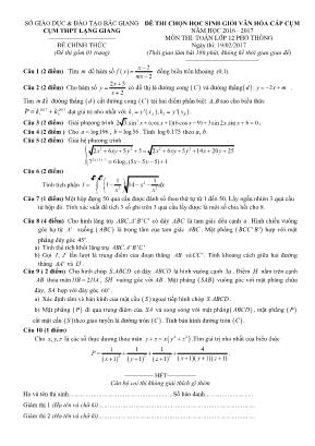 Đề thi chọn học sinh giỏi văn hóa cấp cụm môn Toán Lớp 12 - Năm học 2016-2017 - Sở giáo dục và đào tạo Bắc Giang (Có đáp án)